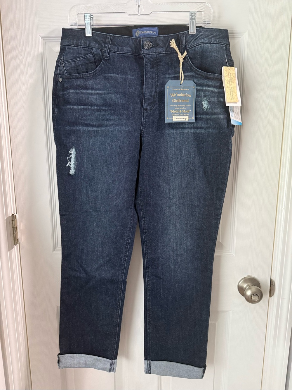 Democracy Dark Blue Girlfriend Jeans with Subtle Distress